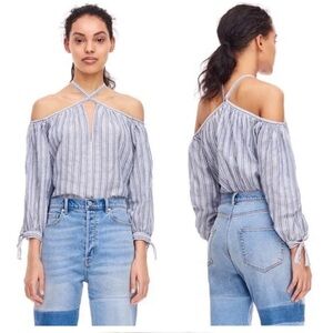 REBECCA TAYLOR Off Shoulder Top, Blue White Striped sz 4